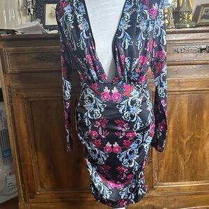 Bebe Black Dress cocktail with Pink Blue Floral 6-8 S/M belt